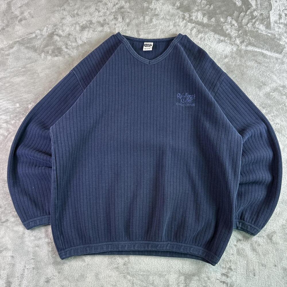 VTG Rainforest Cafe Ribbed Crewneck Sweatshirt Blue Embroidered Logo Mens M